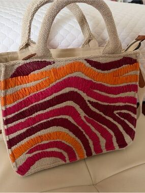 Parfois Canvas Embroidered Tote in Pink, Orange & Burgundy